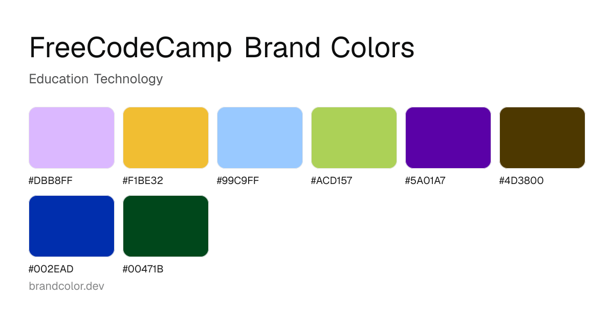 FreeCodeCamp brand color palette with hex codes: #DBB8FF, #F1BE32, #99C9FF, #ACD157, #5A01A7, #4D3800, #002EAD, #00471B