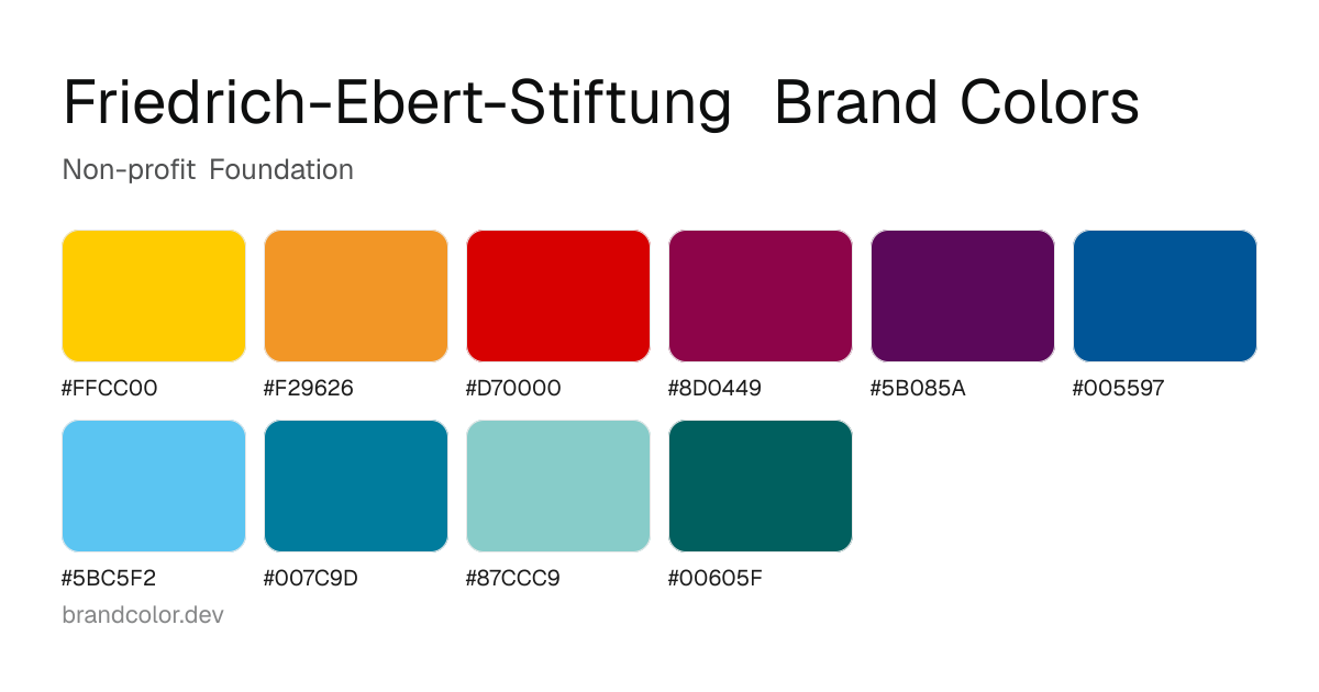 Friedrich-Ebert-Stiftung brand color palette with hex codes: #FFCC00, #F29626, #D70000, #8D0449, #5B085A, #005597, #5BC5F2, #007C9D, #87CCC9, #00605F