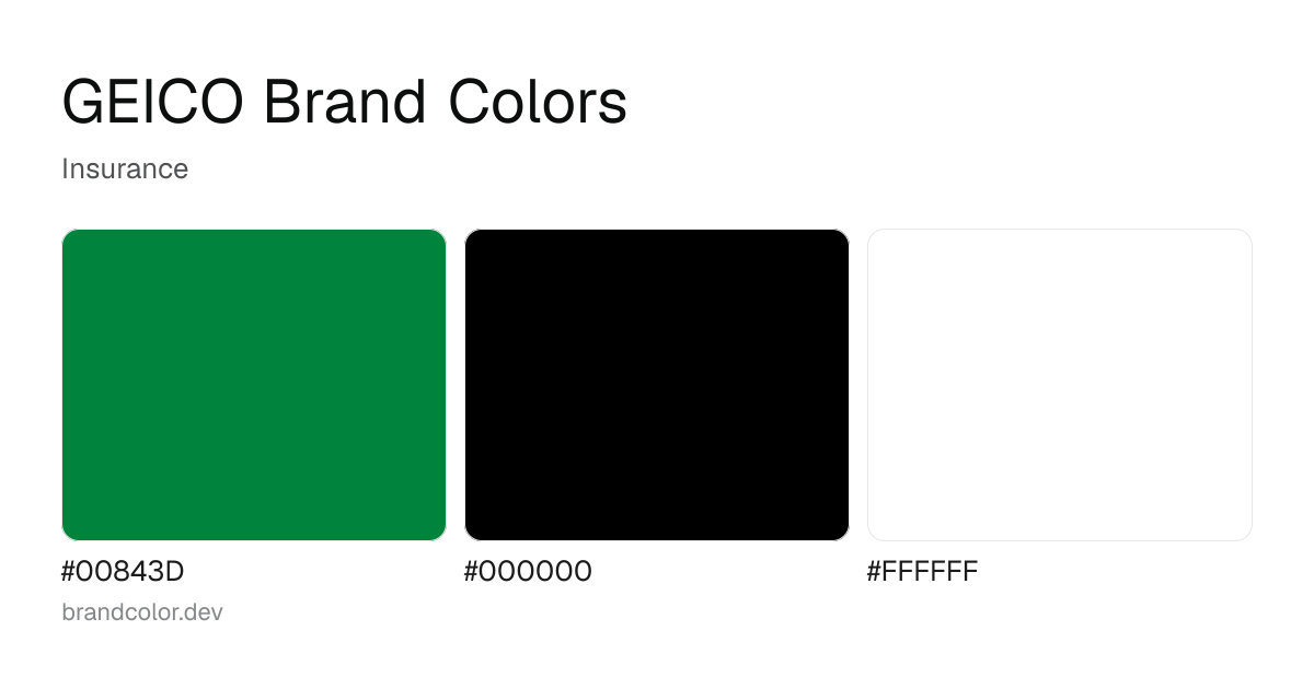 GEICO brand color palette with hex codes: #00843D, #000000, #FFFFFF