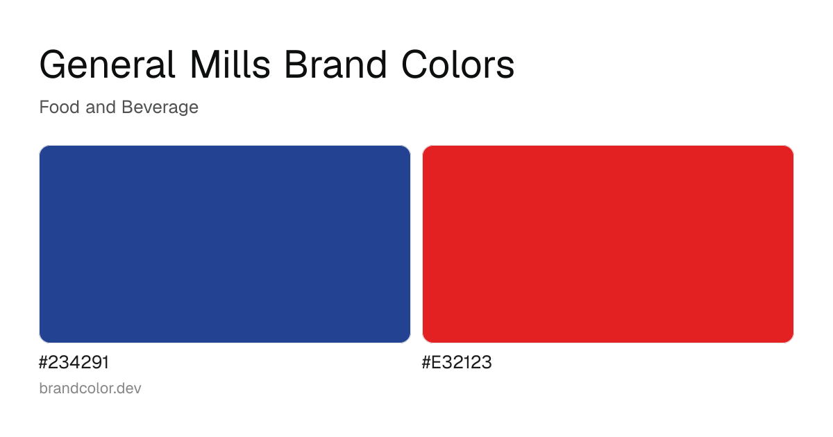 General Mills brand color palette with hex codes: #234291, #E32123