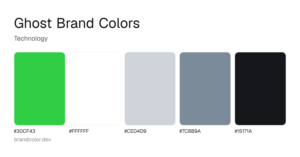 Ghost brand color palette with hex codes: #30CF43, #FFFFFF, #CED4D9, #7C8B9A, #15171A