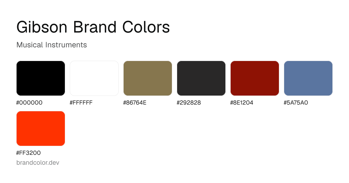Gibson brand color palette with hex codes: #000000, #FFFFFF, #86764E, #292828, #8E1204, #5A75A0, #FF3200