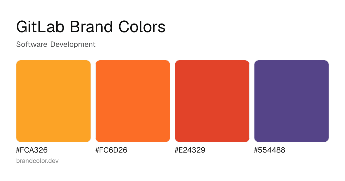 GitLab brand color palette with hex codes: #FCA326, #FC6D26, #E24329, #554488
