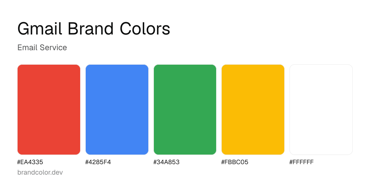 Gmail brand color palette with hex codes: #EA4335, #4285F4, #34A853, #FBBC05, #FFFFFF