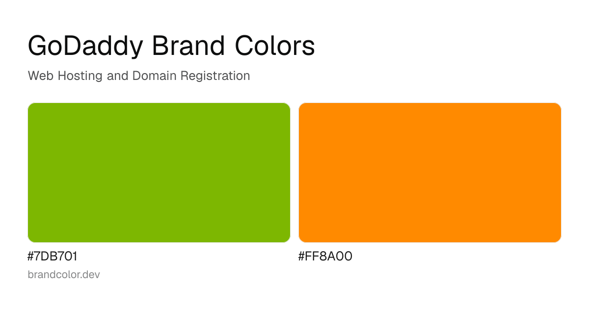 GoDaddy brand color palette with hex codes: #7DB701, #FF8A00