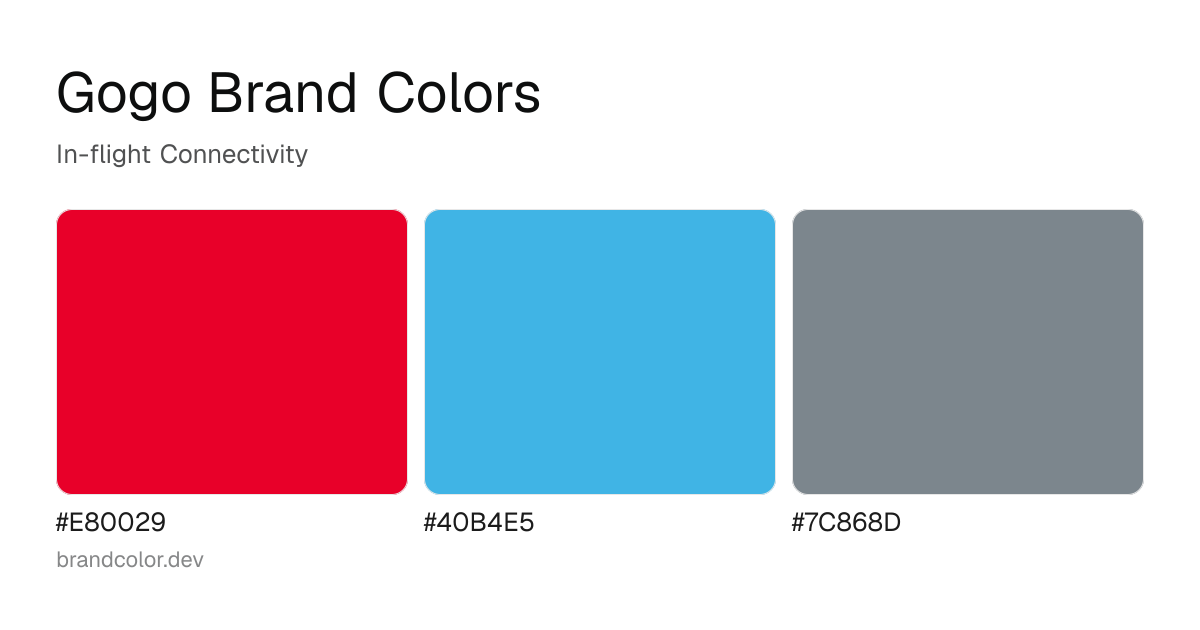 Gogo brand color palette with hex codes: #E80029, #40B4E5, #7C868D