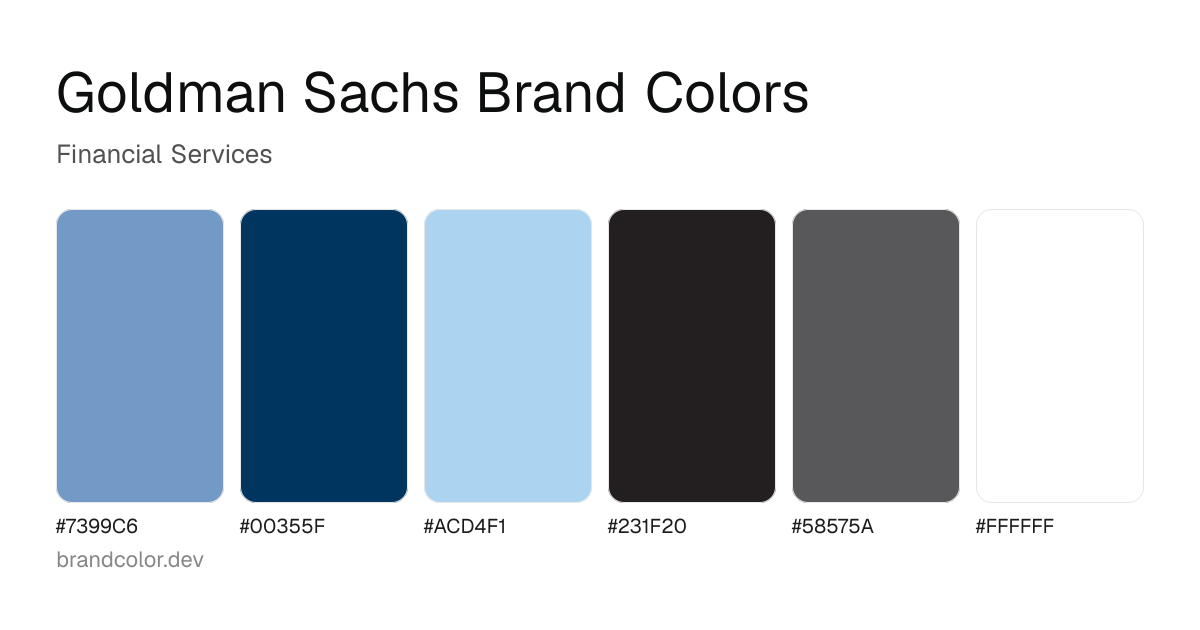 Goldman Sachs brand color palette with hex codes: #7399C6, #00355F, #ACD4F1, #231F20, #58575A, #FFFFFF