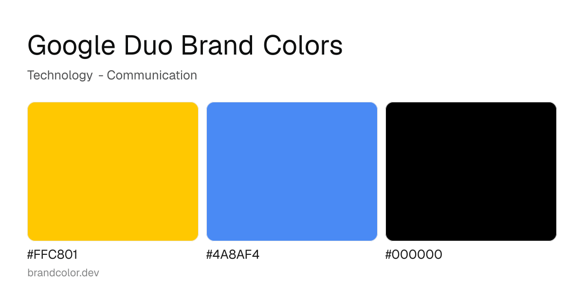 Google Duo brand color palette with hex codes: #FFC801, #4A8AF4, #000000