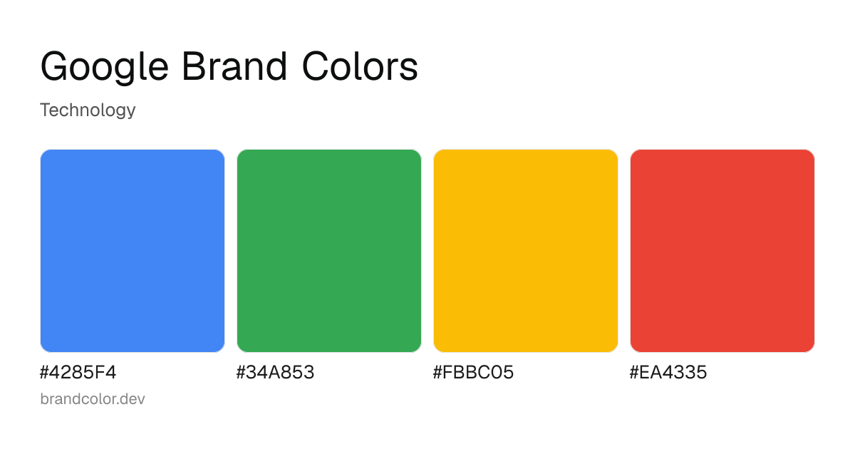 Google brand color palette with hex codes: #4285F4, #34A853, #FBBC05, #EA4335