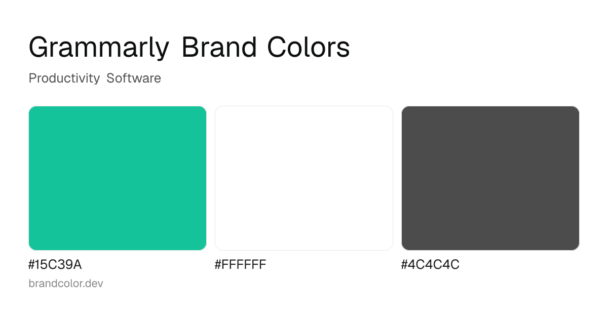 Grammarly brand color palette with hex codes: #15C39A, #FFFFFF, #4C4C4C