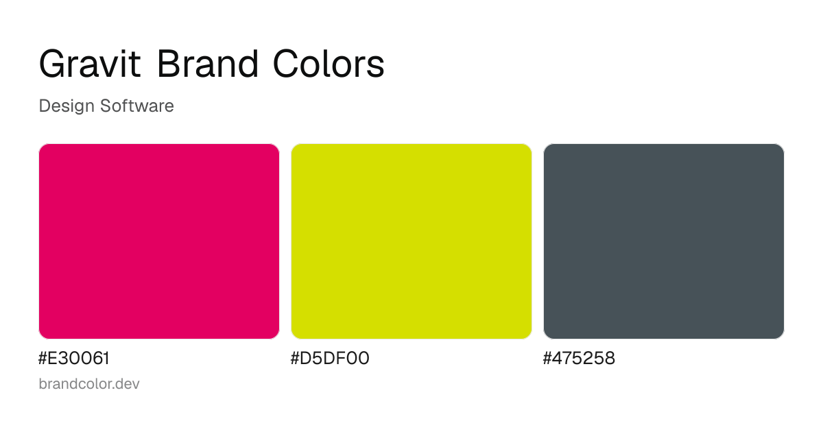 Gravit brand color palette with hex codes: #E30061, #D5DF00, #475258