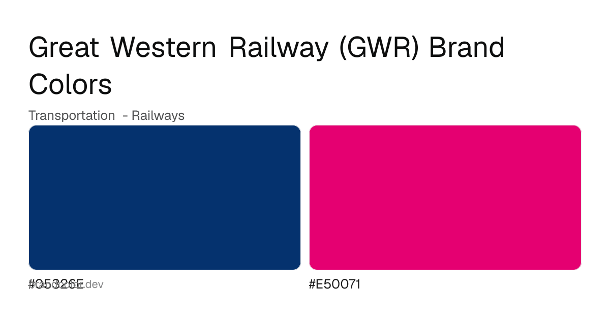 Great Western Railway (GWR) brand color palette with hex codes: #05326E, #E50071