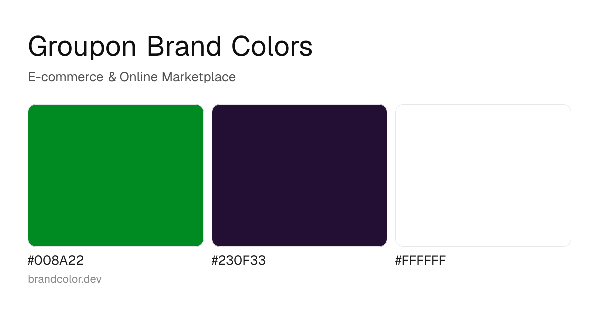 Groupon brand color palette with hex codes: #008A22, #230F33, #FFFFFF