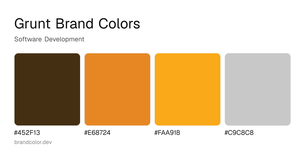 Grunt brand color palette with hex codes: #452F13, #E68724, #FAA918, #C9C8C8