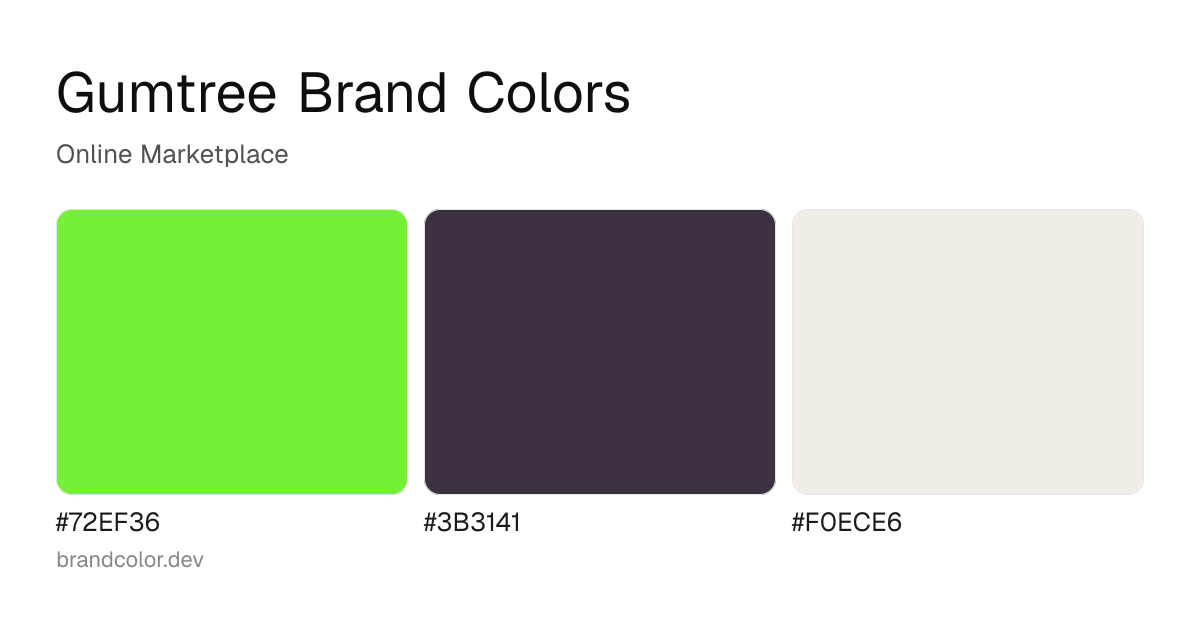 Gumtree brand color palette with hex codes: #72EF36, #3B3141, #F0ECE6