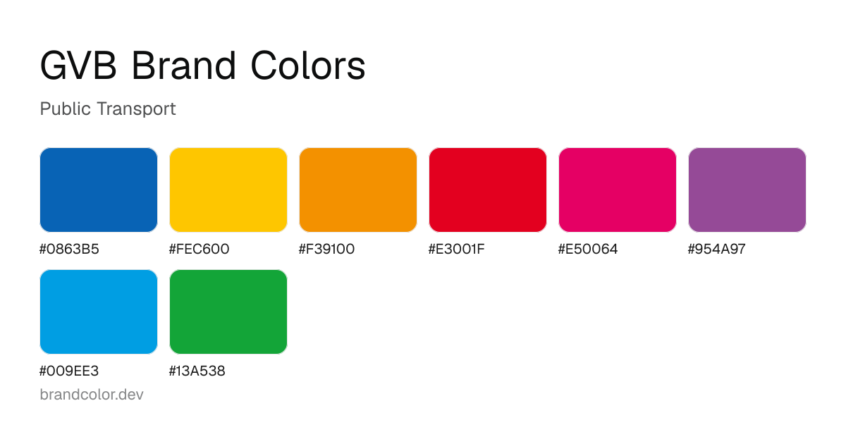 GVB brand color palette with hex codes: #0863B5, #FEC600, #F39100, #E3001F, #E50064, #954A97, #009EE3, #13A538