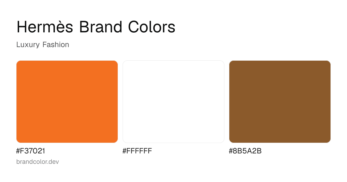 Hermès brand color palette with hex codes: #F37021, #FFFFFF, #8B5A2B