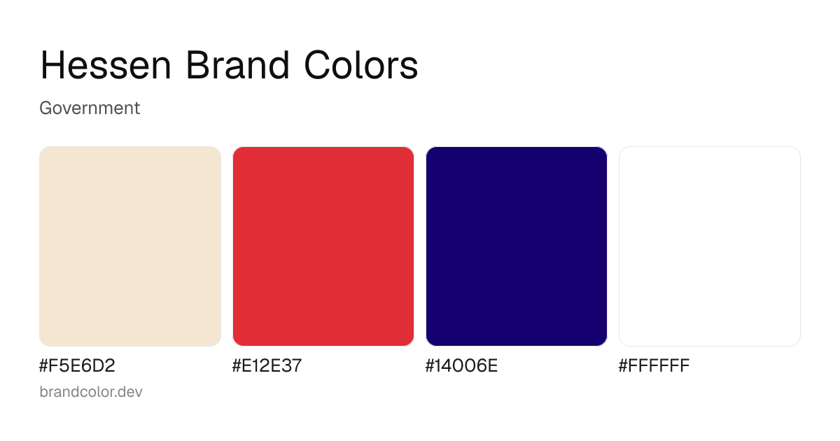 Hessen brand color palette with hex codes: #F5E6D2, #E12E37, #14006E, #FFFFFF