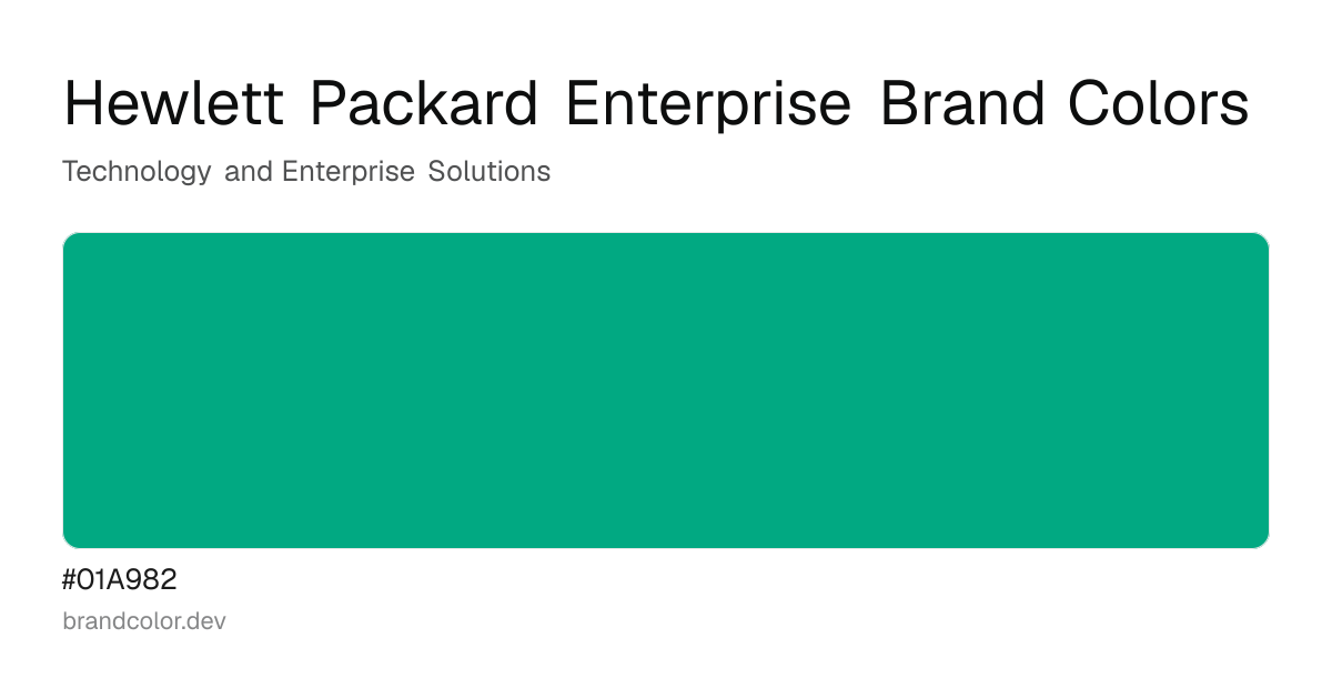 Hewlett Packard Enterprise brand color palette with hex codes: #01A982