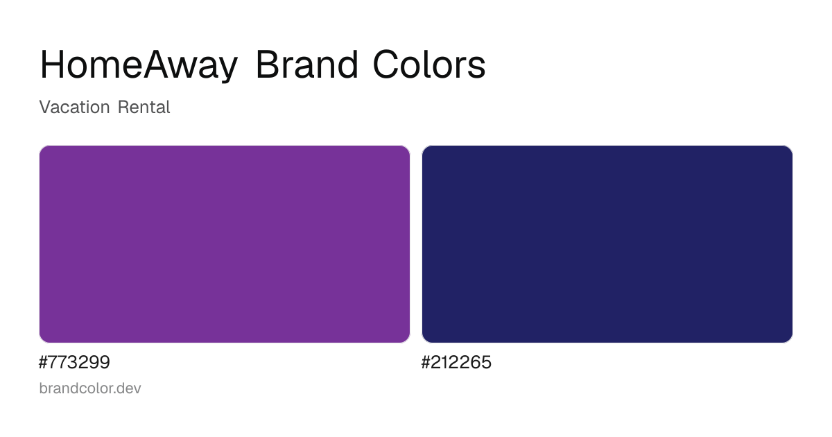 HomeAway brand color palette with hex codes: #773299, #212265
