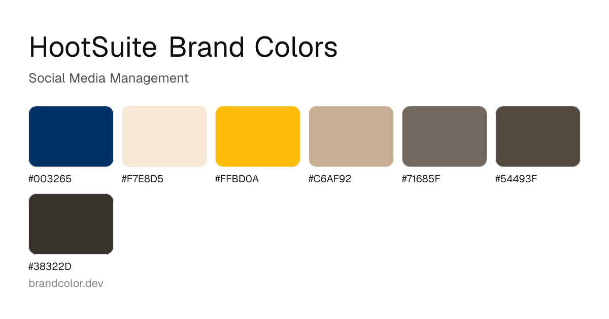 HootSuite brand color palette with hex codes: #003265, #F7E8D5, #FFBD0A, #C6AF92, #71685F, #54493F, #38322D