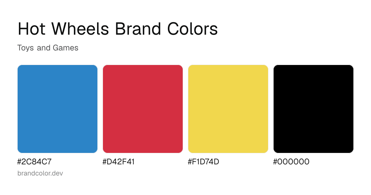 Hot Wheels brand color palette with hex codes: #2C84C7, #D42F41, #F1D74D, #000000