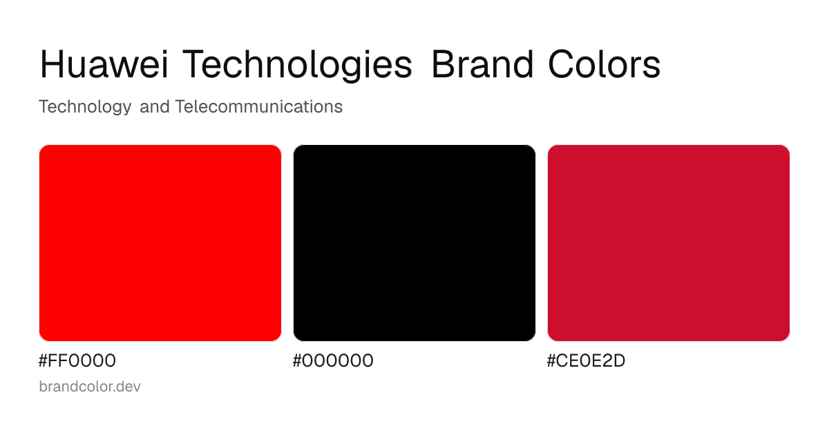 Huawei Technologies brand color palette with hex codes: #FF0000, #000000, #CE0E2D