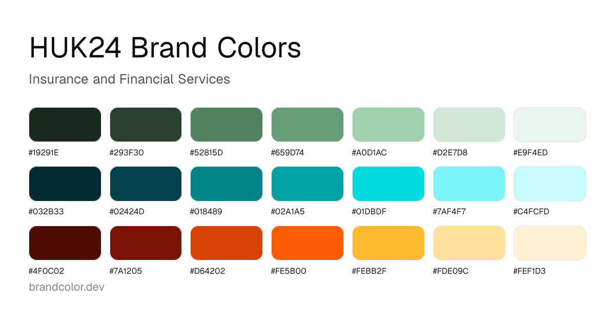 HUK24 brand color palette with hex codes: #19291E, #293F30, #52815D, #659D74, #A0D1AC, #D2E7D8, #E9F4ED, #032B33, #02424D, #018489, #02A1A5, #01DBDF, #7AF4F7, #C4FCFD, #4F0C02, #7A1205, #D64202, #FE5B00, #FEBB2F, #FDE09C, #FEF1D3