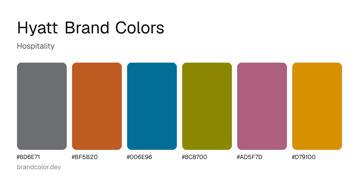 Hyatt brand color palette with hex codes: #6D6E71, #BF5B20, #006E96, #8C8700, #AD5F7D, #D79100