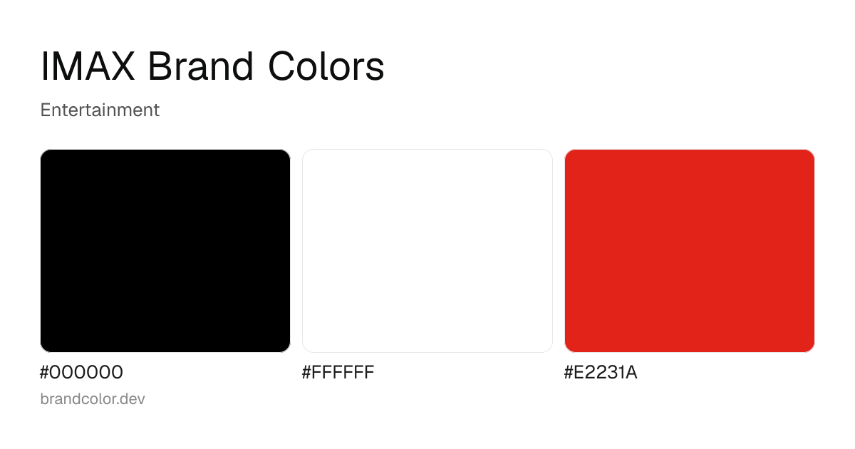 IMAX brand color palette with hex codes: #000000, #FFFFFF, #E2231A