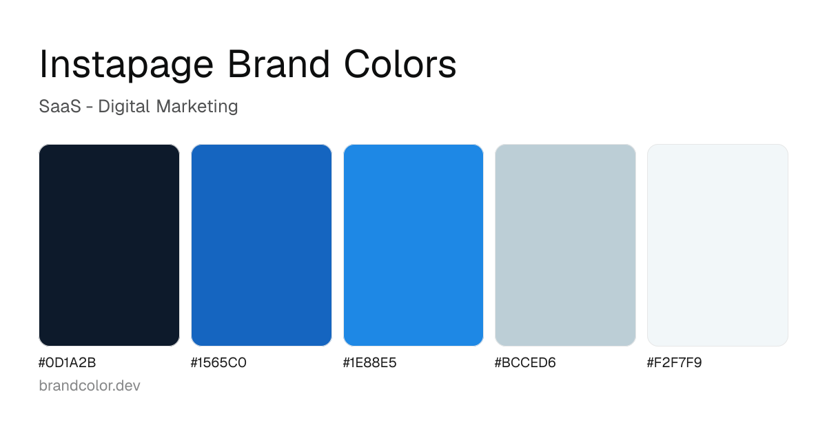 Instapage brand color palette with hex codes: #0D1A2B, #1565C0, #1E88E5, #BCCED6, #F2F7F9