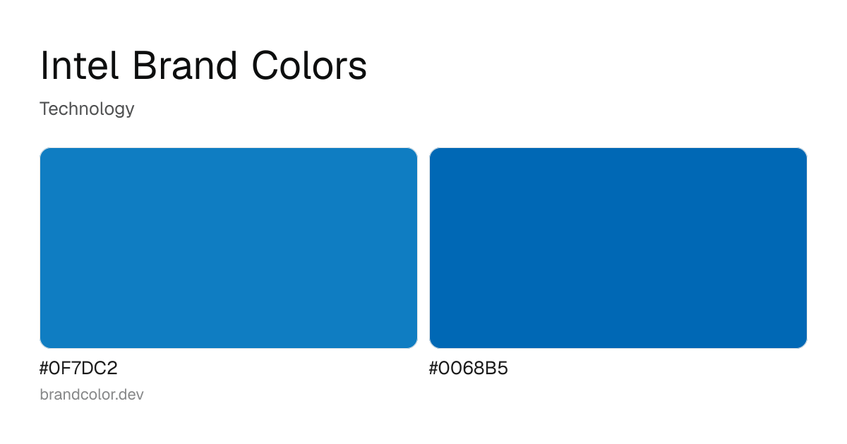 Intel brand color palette with hex codes: #0F7DC2, #0068B5