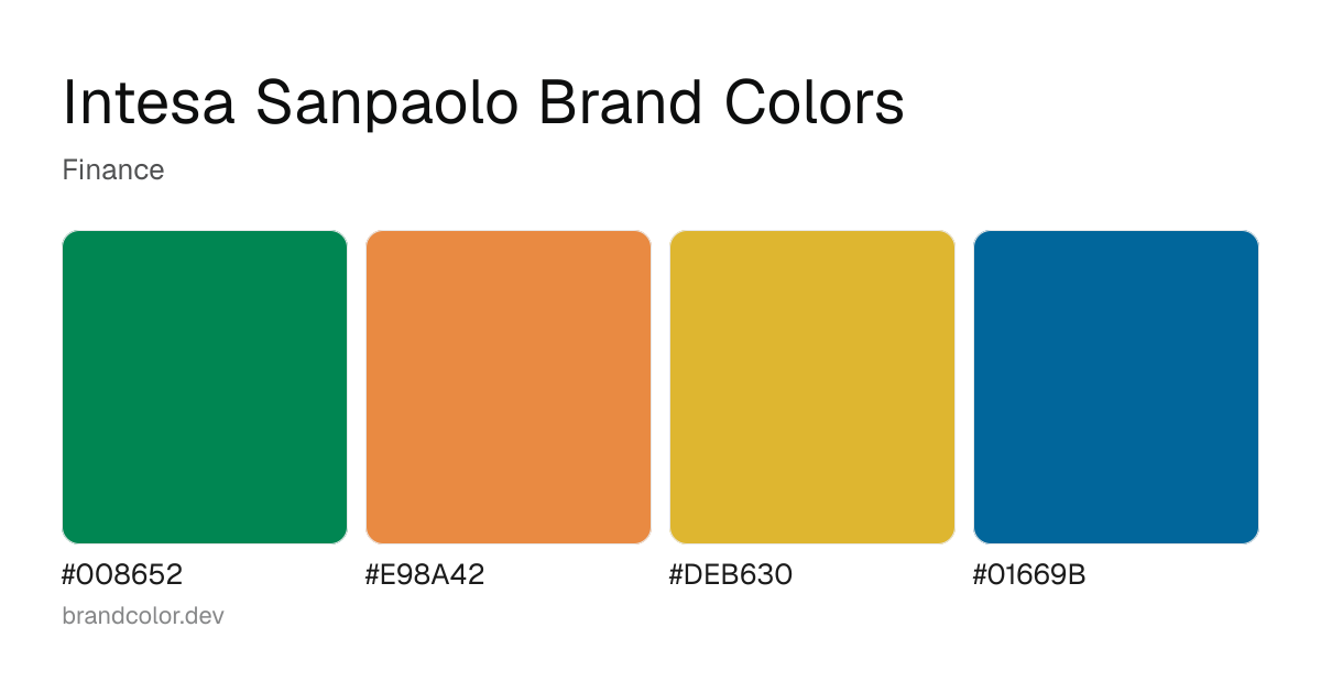 Intesa Sanpaolo brand color palette with hex codes: #008652, #E98A42, #DEB630, #01669B