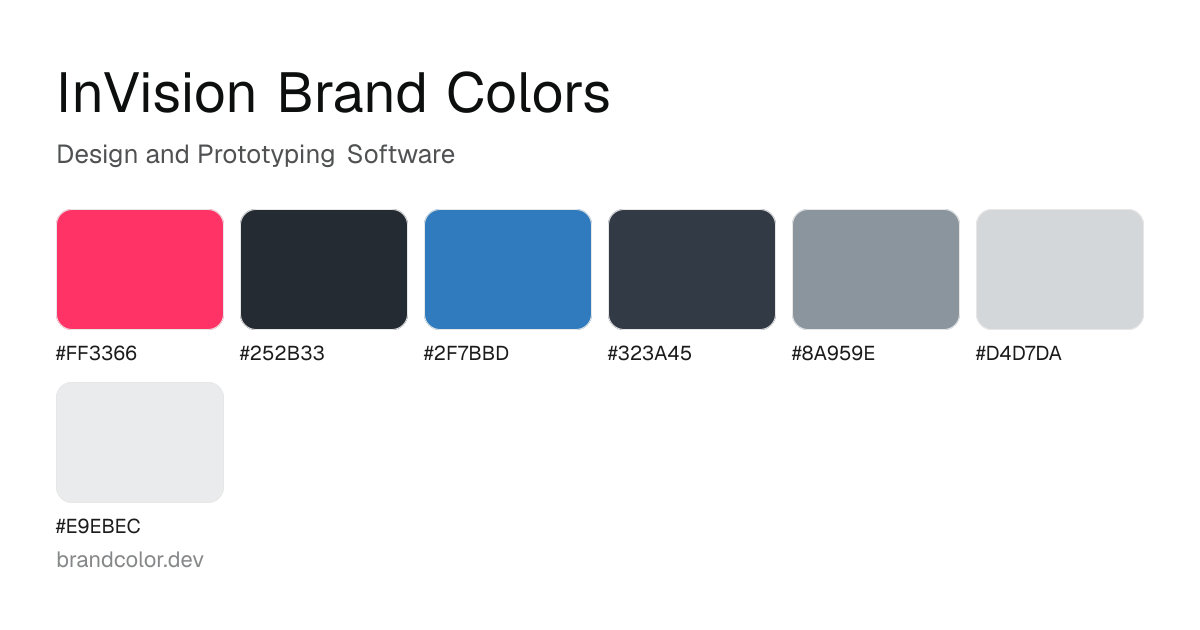 InVision brand color palette with hex codes: #FF3366, #252B33, #2F7BBD, #323A45, #8A959E, #D4D7DA, #E9EBEC