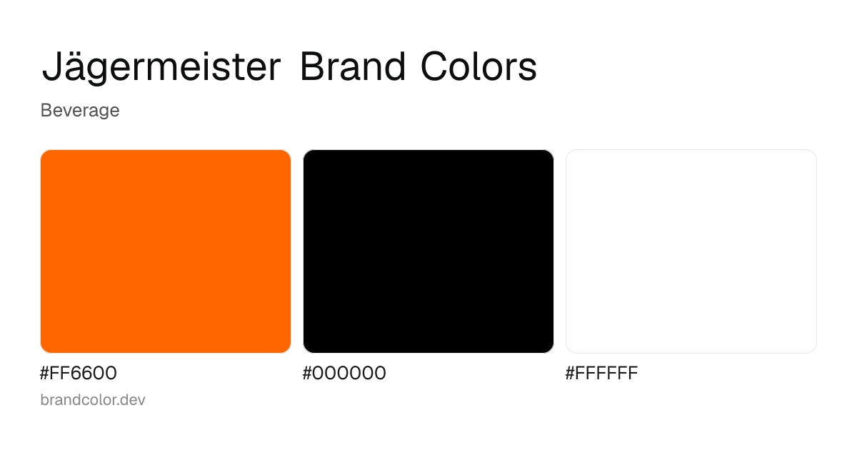 Jägermeister brand color palette with hex codes: #FF6600, #000000, #FFFFFF