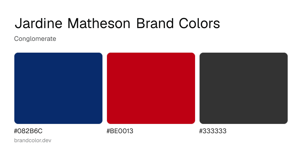 Jardine Matheson brand color palette with hex codes: #082B6C, #BE0013, #333333