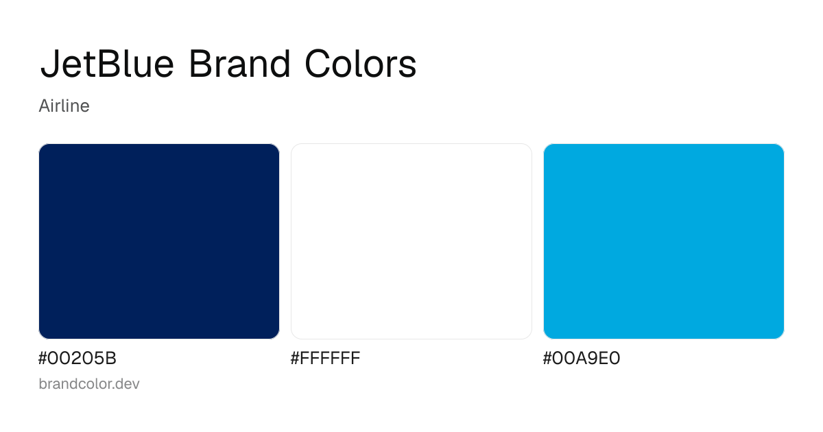 JetBlue brand color palette with hex codes: #00205B, #FFFFFF, #00A9E0
