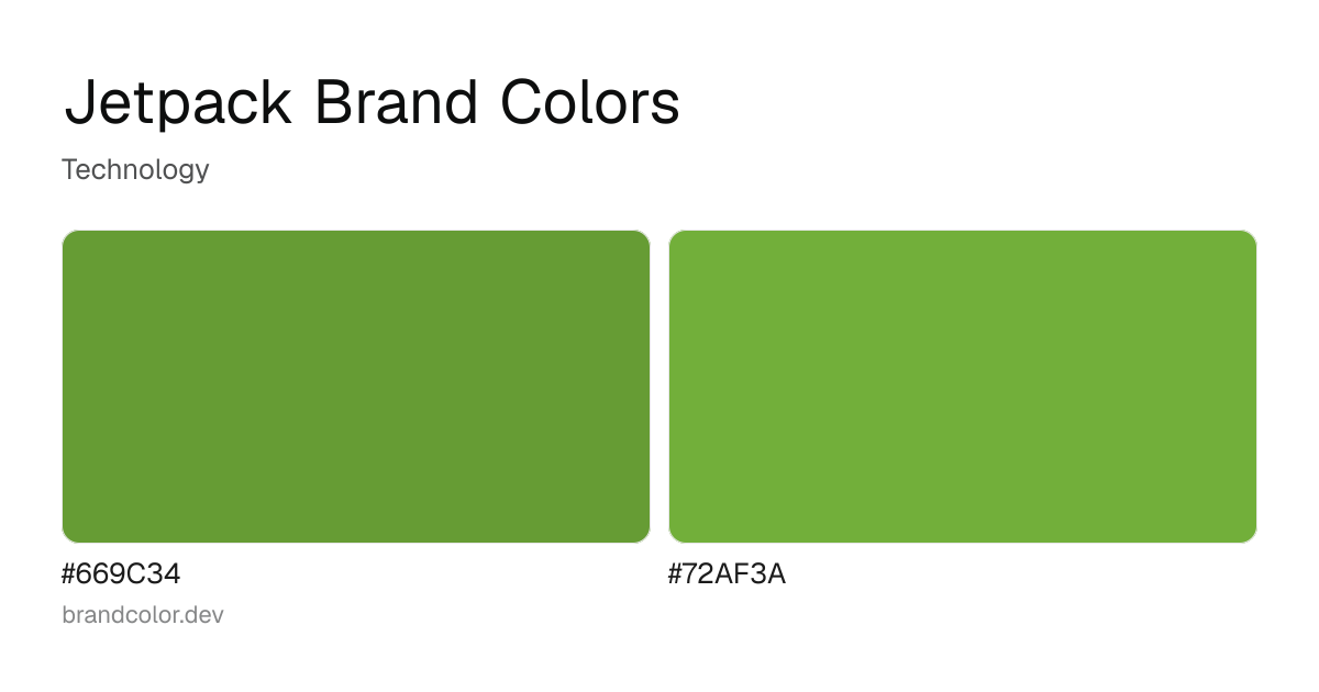 Jetpack brand color palette with hex codes: #669C34, #72AF3A