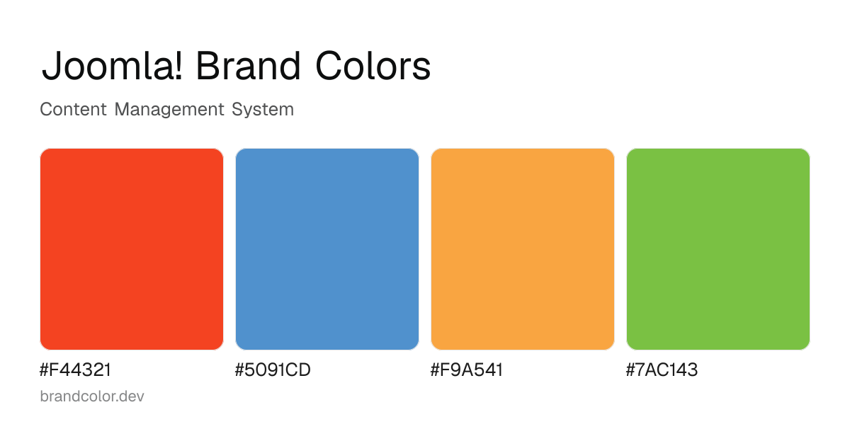 Joomla! brand color palette with hex codes: #F44321, #5091CD, #F9A541, #7AC143