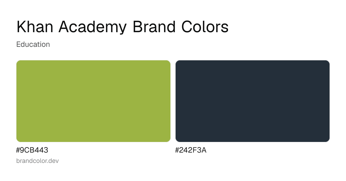 Khan Academy brand color palette with hex codes: #9CB443, #242F3A