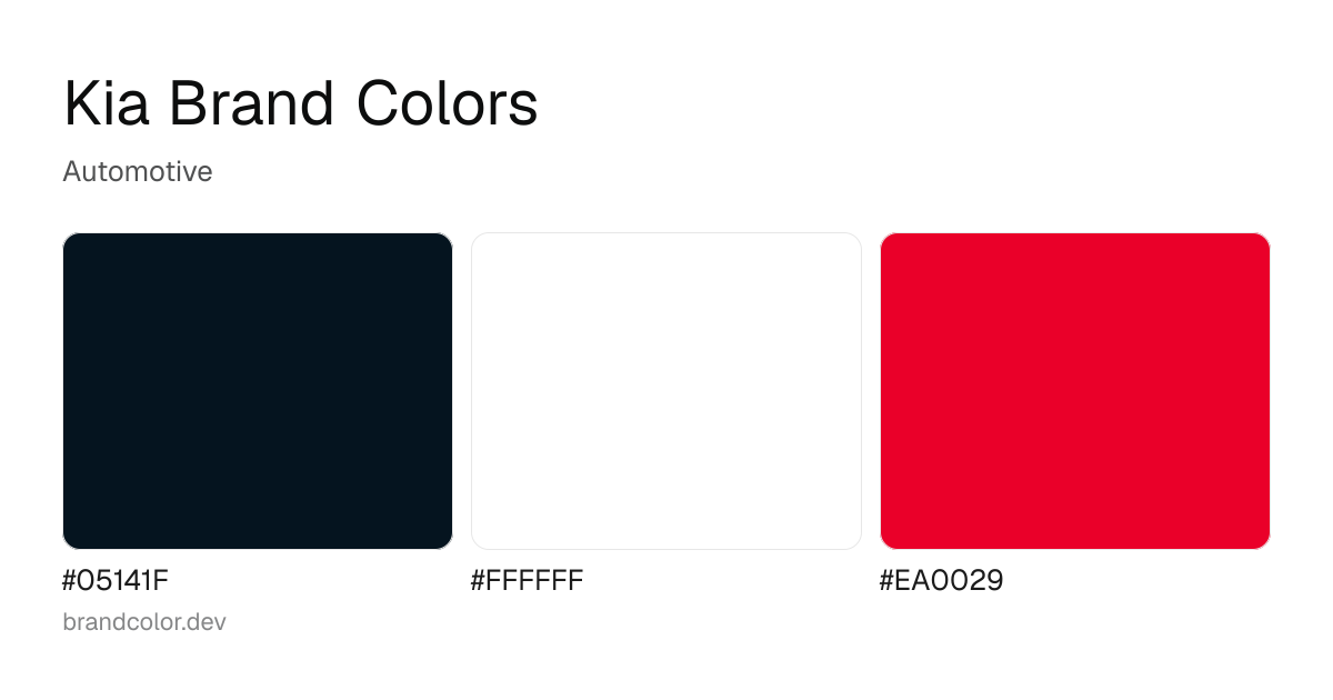 Kia brand color palette with hex codes: #05141F, #FFFFFF, #EA0029