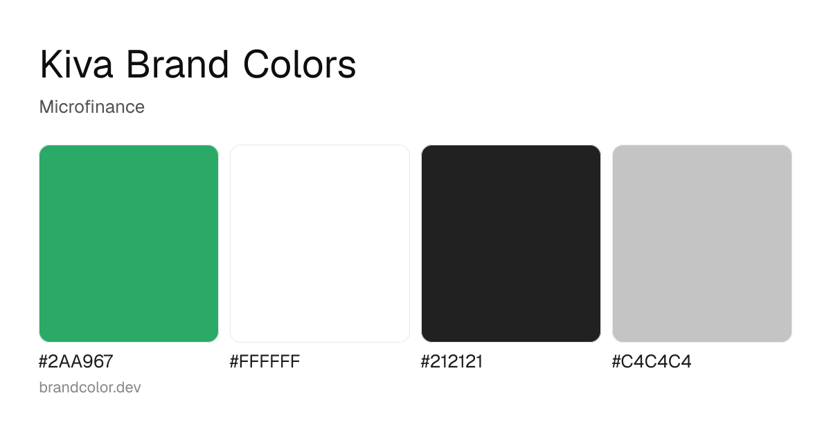 Kiva brand color palette with hex codes: #2AA967, #FFFFFF, #212121, #C4C4C4