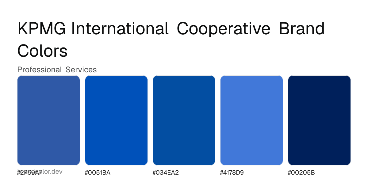 KPMG International Cooperative brand color palette with hex codes: #2F59A7, #0051BA, #034EA2, #4178D9, #00205B