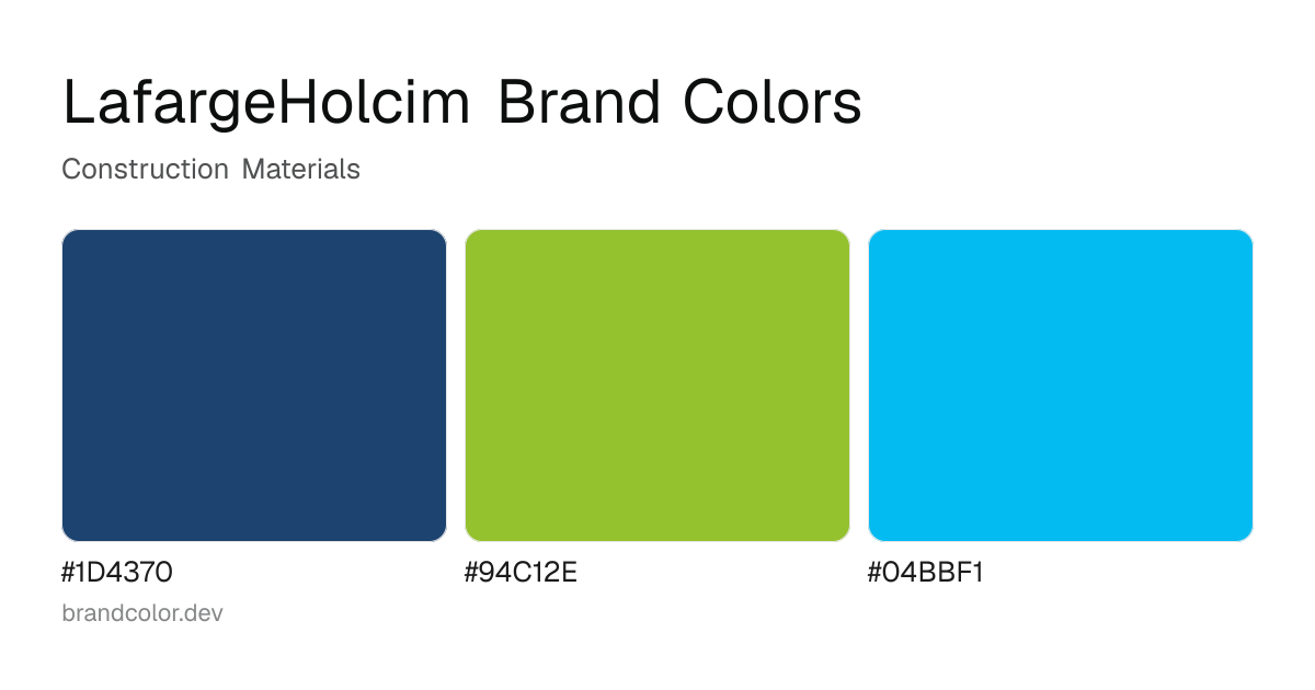 LafargeHolcim brand color palette with hex codes: #1D4370, #94C12E, #04BBF1