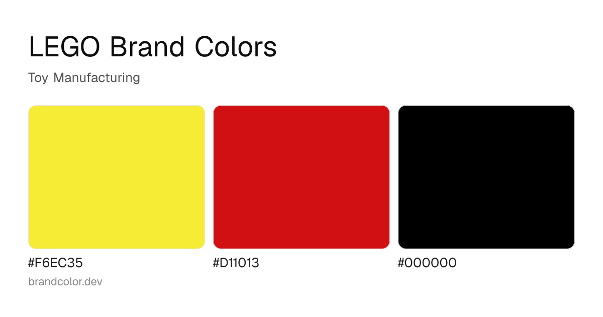 LEGO brand color palette with hex codes: #F6EC35, #D11013, #000000