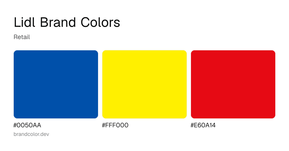Lidl brand color palette with hex codes: #0050AA, #FFF000, #E60A14