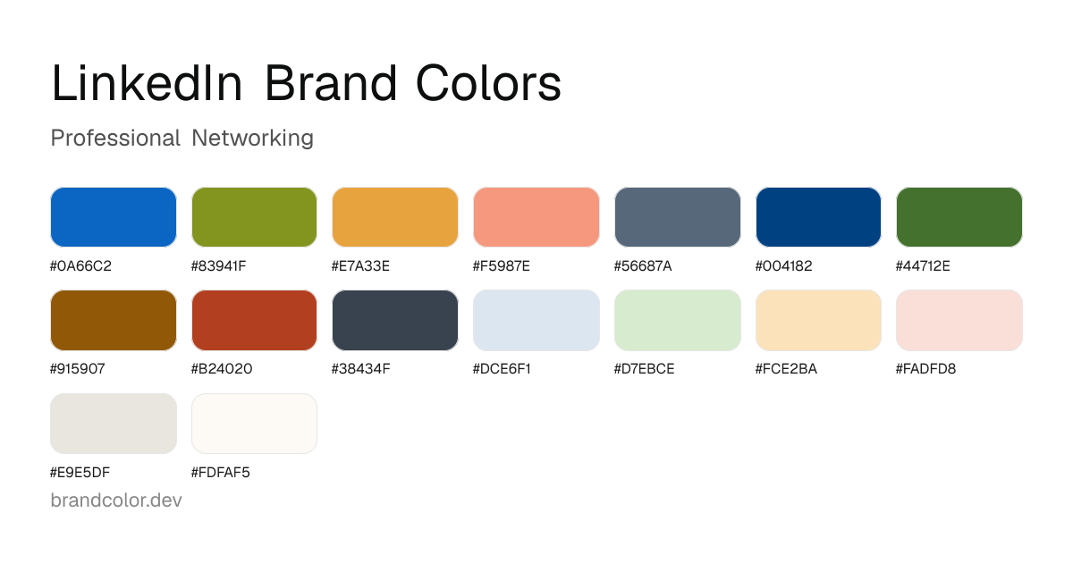 LinkedIn brand color palette with hex codes: #0A66C2, #83941F, #E7A33E, #F5987E, #56687A, #004182, #44712E, #915907, #B24020, #38434F, #DCE6F1, #D7EBCE, #FCE2BA, #FADFD8, #E9E5DF, #FDFAF5