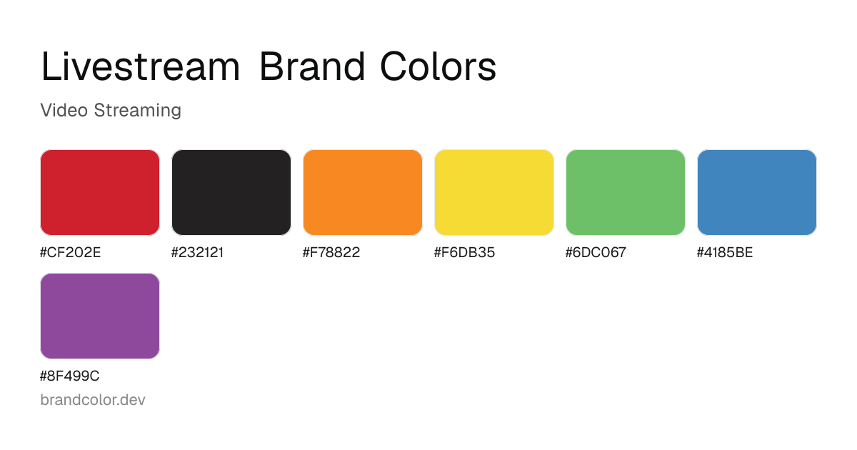 Livestream brand color palette with hex codes: #CF202E, #232121, #F78822, #F6DB35, #6DC067, #4185BE, #8F499C