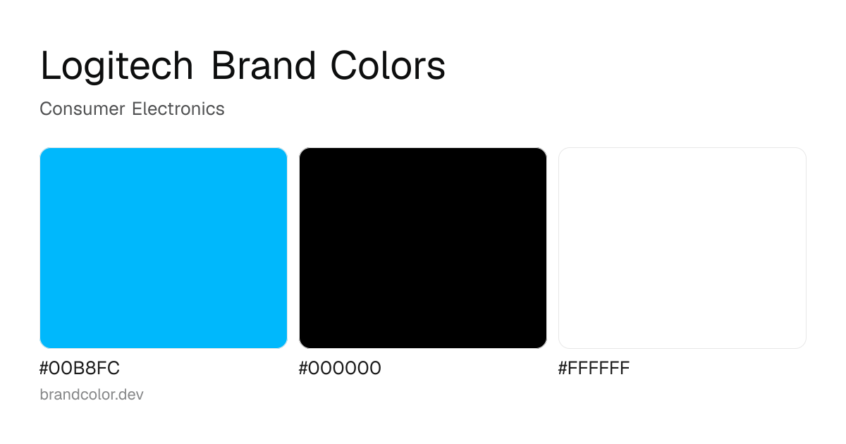 Logitech brand color palette with hex codes: #00B8FC, #000000, #FFFFFF