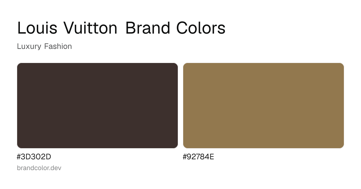 Louis Vuitton brand color palette with hex codes: #3D302D, #92784E